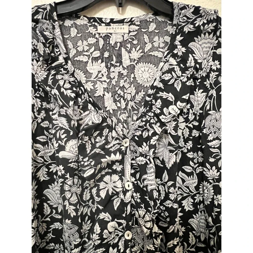 PANEROS Chloe Shirt Midnight Garden Black/White Floral Ruffle Neckline Preppy L - Picture 5 of 9